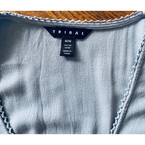 Womens Top M Powder Blue Bell Sleeve Crochet Lace Detail Tie Front - Picture 5 of 8